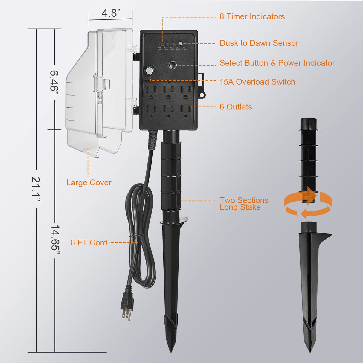SURAIELEC Outdoor Power Stake Light Timer, Dusk to Dawn, 6 Electrical Outlet Power Strip Weatherproof, 6FT Extension Cord Multiple Outlet for Patio Lights, Sprinkler, Garden, Christmas Decorations