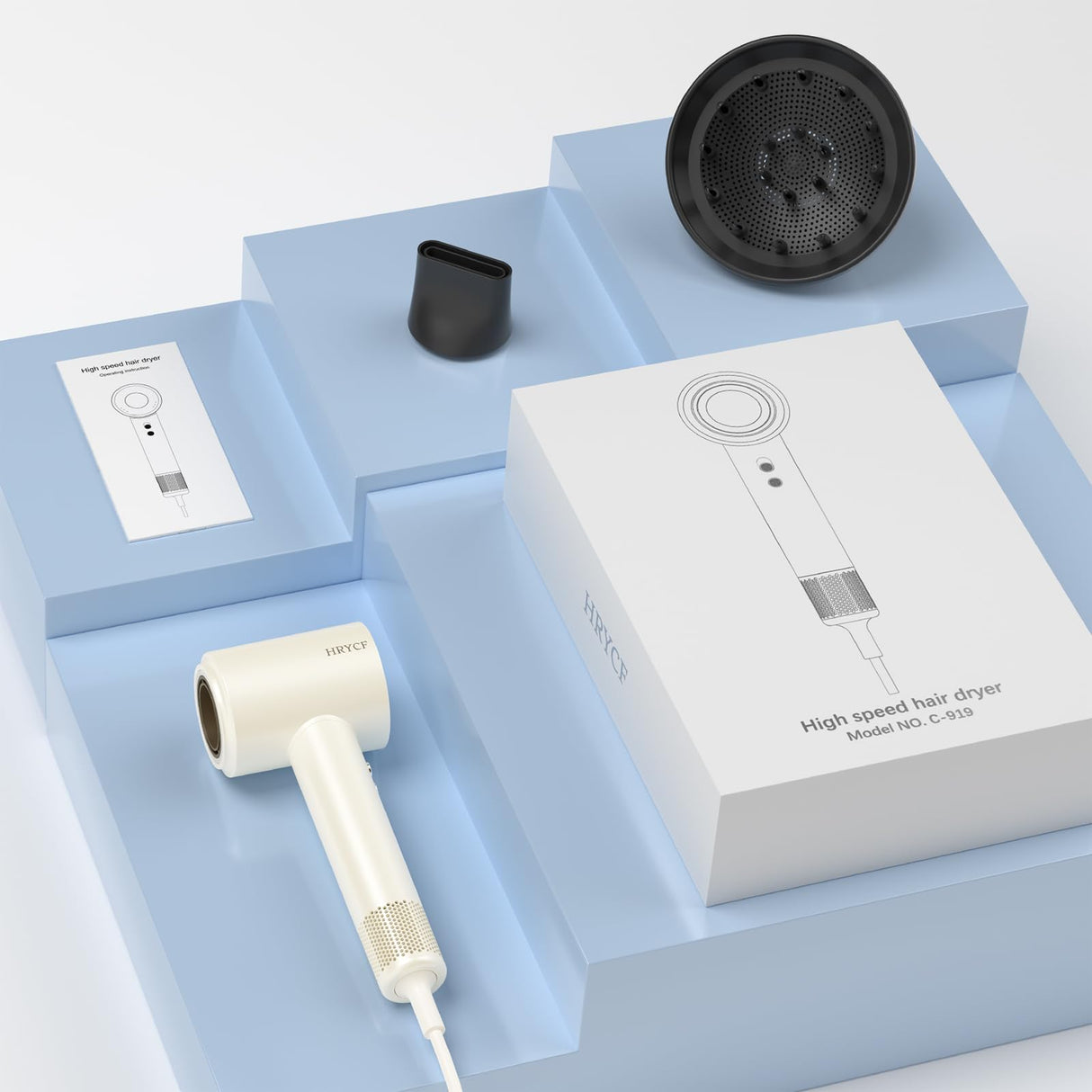 HRYCF Hair Dryer,160000 RPM Blow Dryer with High-Speed Brushless Motor for Fast Drying, Professional Ionic Lightweight Hair Dryers, Thermo-Control Low Noise with Blow Dryers Diffuser & Nozzle