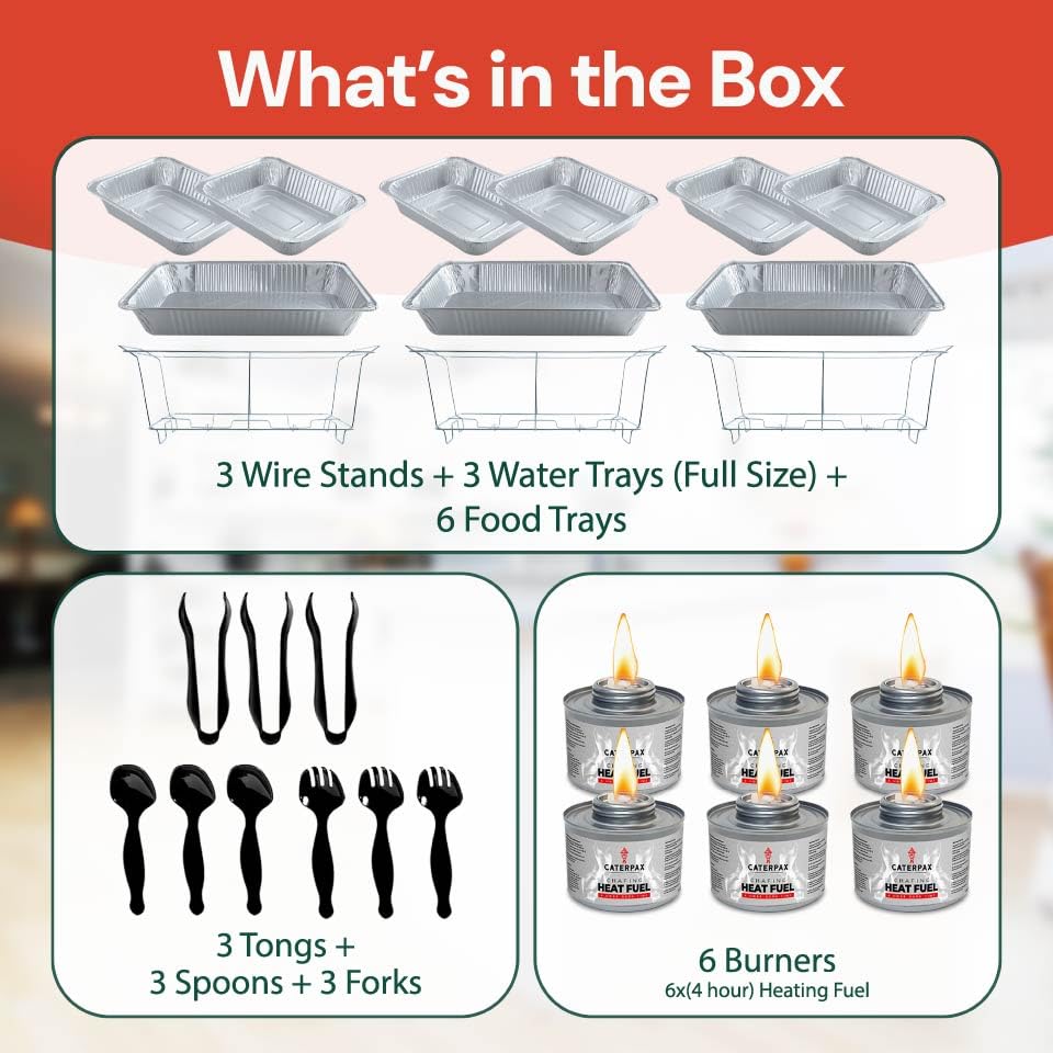 Disposable Chafing Dish Buffet Set - Large Full Size (33 pcs) – Catering Food Warmers with Half-Sized Serving Pans, Covers, Racks, Utensils & Fuel Cans - Perfect for Buffets, Parties & Food Serving