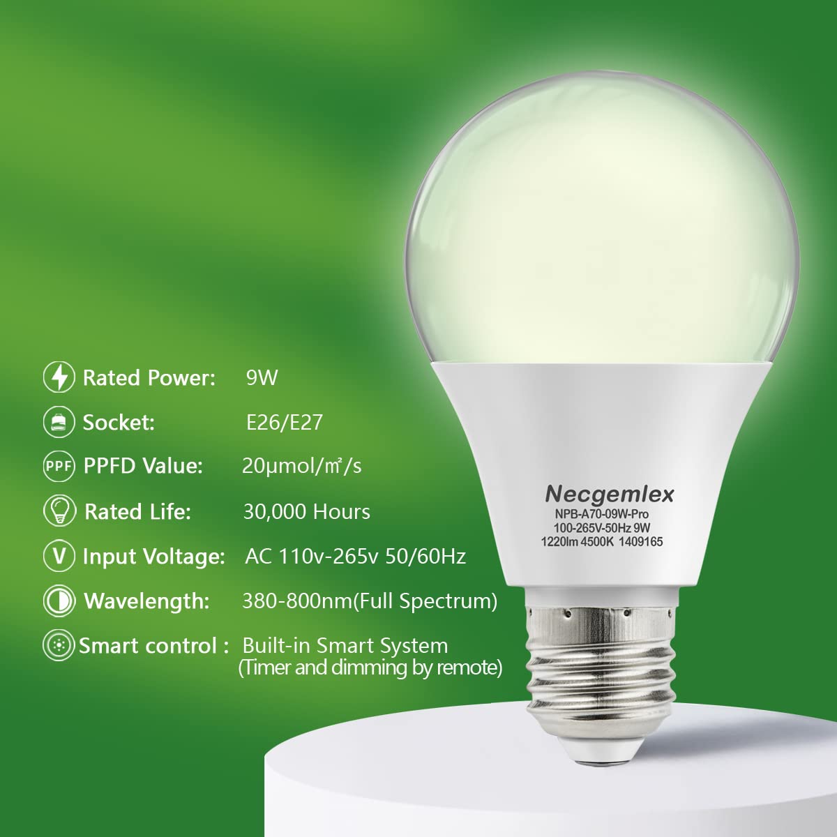 Necgemlex Smart LED Grow Light Bulbs with Remote Controller, Sun Simulation Mode, Built-in Auto Timer, A21/A70 E26/E27 9W Dimmable Full Spectrum Intelligent Plant Grow Bulbs for Indoor Plants, 4 Pack