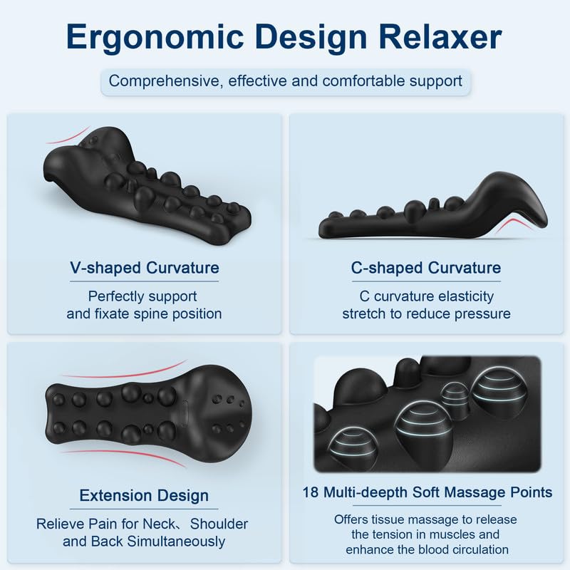 Neck and Shoulder Relaxer with Upper Back Massage Point, Cervical Traction Device Neck Stretcher for TMJ Pain Relief and Cervical Spine Alignment Chiropractic Pillow (Black)
