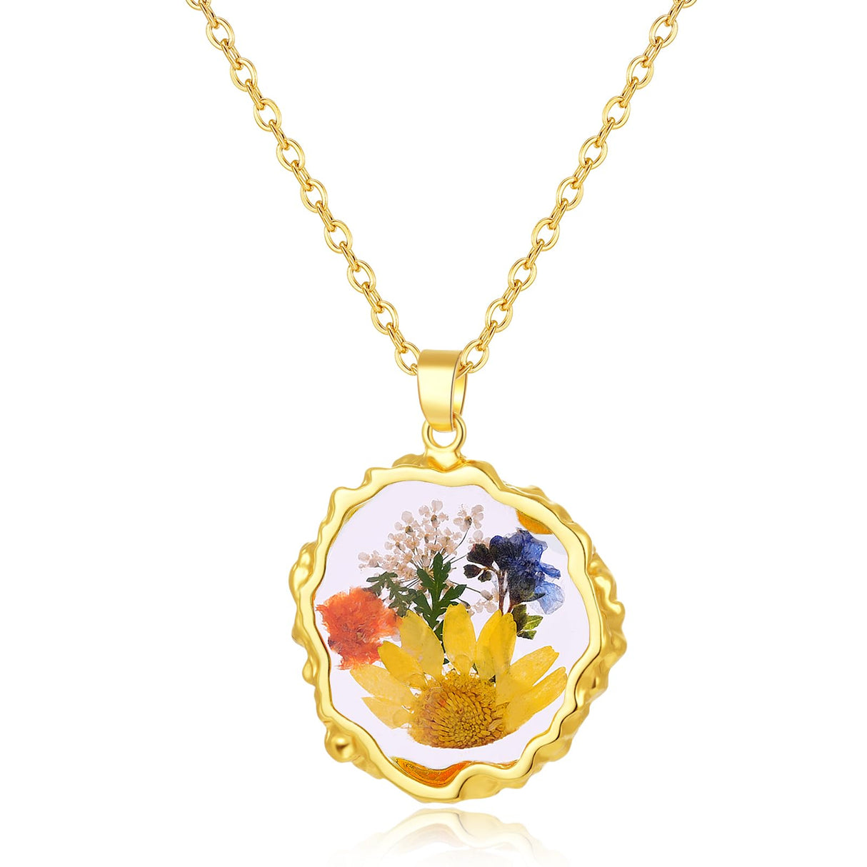 Hefestus Birth Flower Necklaces for Women,October Month Marigold Real Pressed Flower Necklace,Boho-Style Personalized Jewelry,Handmade Floral Pendant,Thoughtful Gift for Christmas,Birthday|18" (Gold)