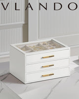 Vlando Jewelry Box for Women, Glass Lid Jewelry Organizer with 3 Drawers for Necklaces Rings Earrings Bracelets Christmas Gift - White