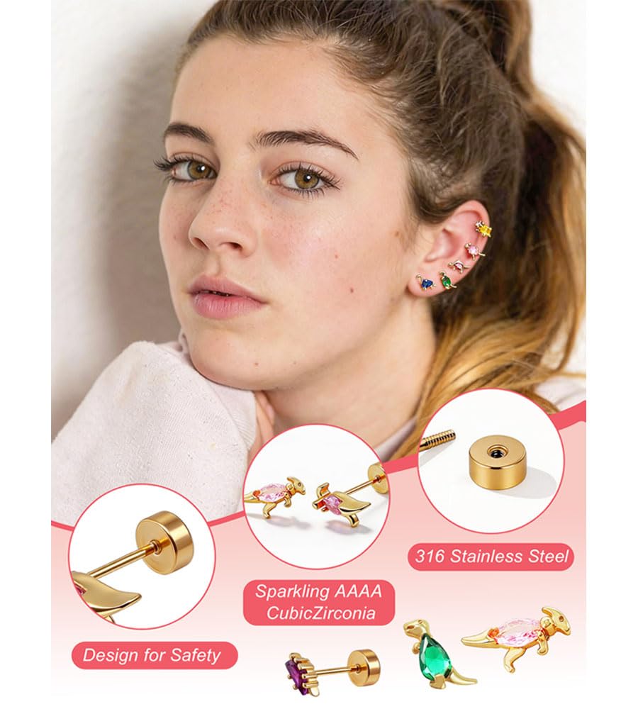 Ngiftey 8 Pairs Screw Back Stud Earrings, Gold Plated