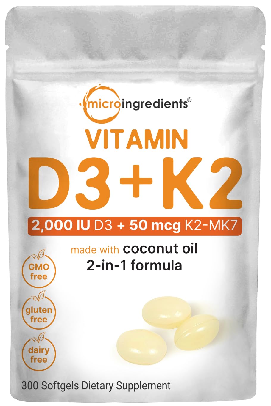 Micro Ingredients Vitamin D3 2,000 IU + K2 MK-7 50 mcg, 300 Softgels | Virgin Coconut Oil | 2-in-1 Bone, Immune & Heart Support | Easy to Swallow, Non-GMO