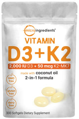 Micro Ingredients Vitamin D3 2,000 IU + K2 MK-7 50 mcg, 300 Softgels | Virgin Coconut Oil | 2-in-1 Bone, Immune & Heart Support | Easy to Swallow, Non-GMO