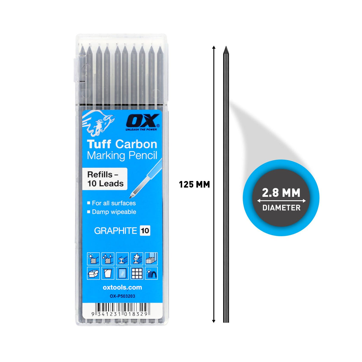 OX Tools 2.88 mm Tuff Carbon Marking Carpenter Pencil Lead Refills – 10 Pack Break Resistant Graphite Replacements for Construction, Woodworking & Deep‑Hole Mechanical Pencils