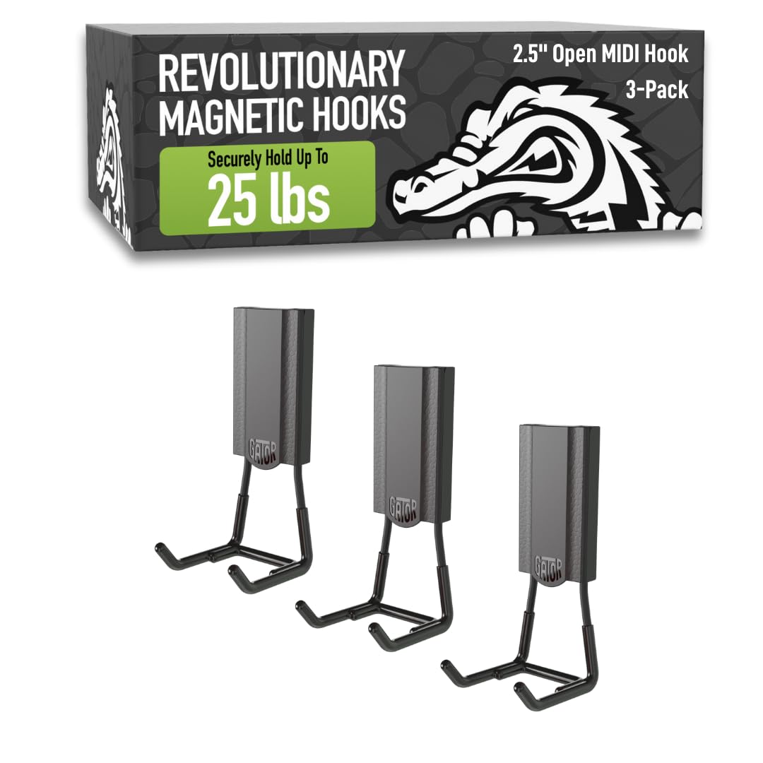 GATOR MAGNETICS MIDI 2.5" Open Hooks, 25 lb Heavy Duty Magnetic Hooks for Steel Surfaces, Patented Easy-Release, Non-Slip Grip – Storage & Organization, Garage, Shed, Home, Cleaning Tools - 3 Pack