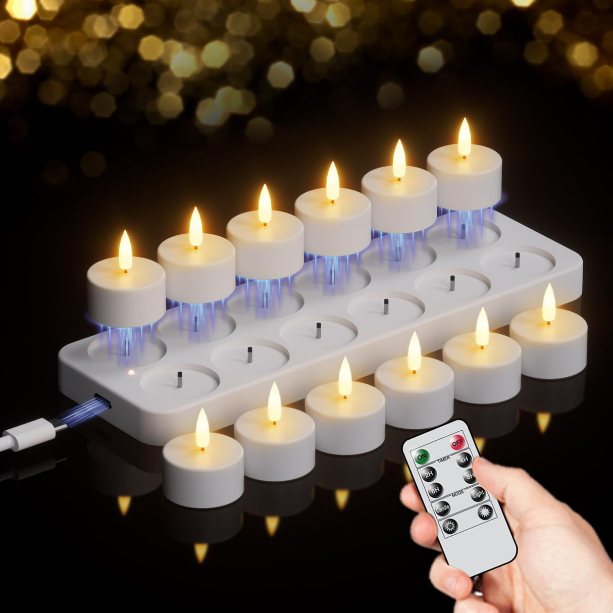 KunSwenn Rechargeable Tea Lights Candles Battery Operated, 12 Pcs White Battery Tea Lights with Remote and Charging Base, LED Flickering Tealights for Halloween Fall Christmas Decoration