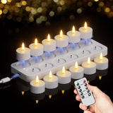 KunSwenn Rechargeable Tea Lights Candles Battery Operated, 12 Pcs White Battery Tea Lights with Remote and Charging Base, LED Flickering Tealights for Halloween Fall Christmas Decoration