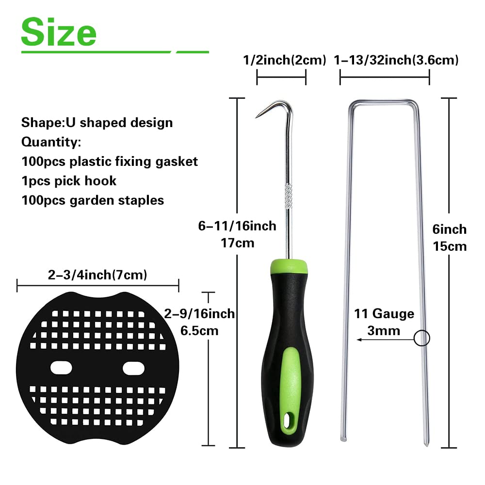 100Pcs Garden Stakes Staples + 100Pcs Gasket, Bakulyor 6 Inch Lawn Landscape Staples 11 Gauge U Shaped Galvanized Landscape Pins, Heavy Duty Yard Ground Pin for Weed Barrier Sod Fabric Decorations