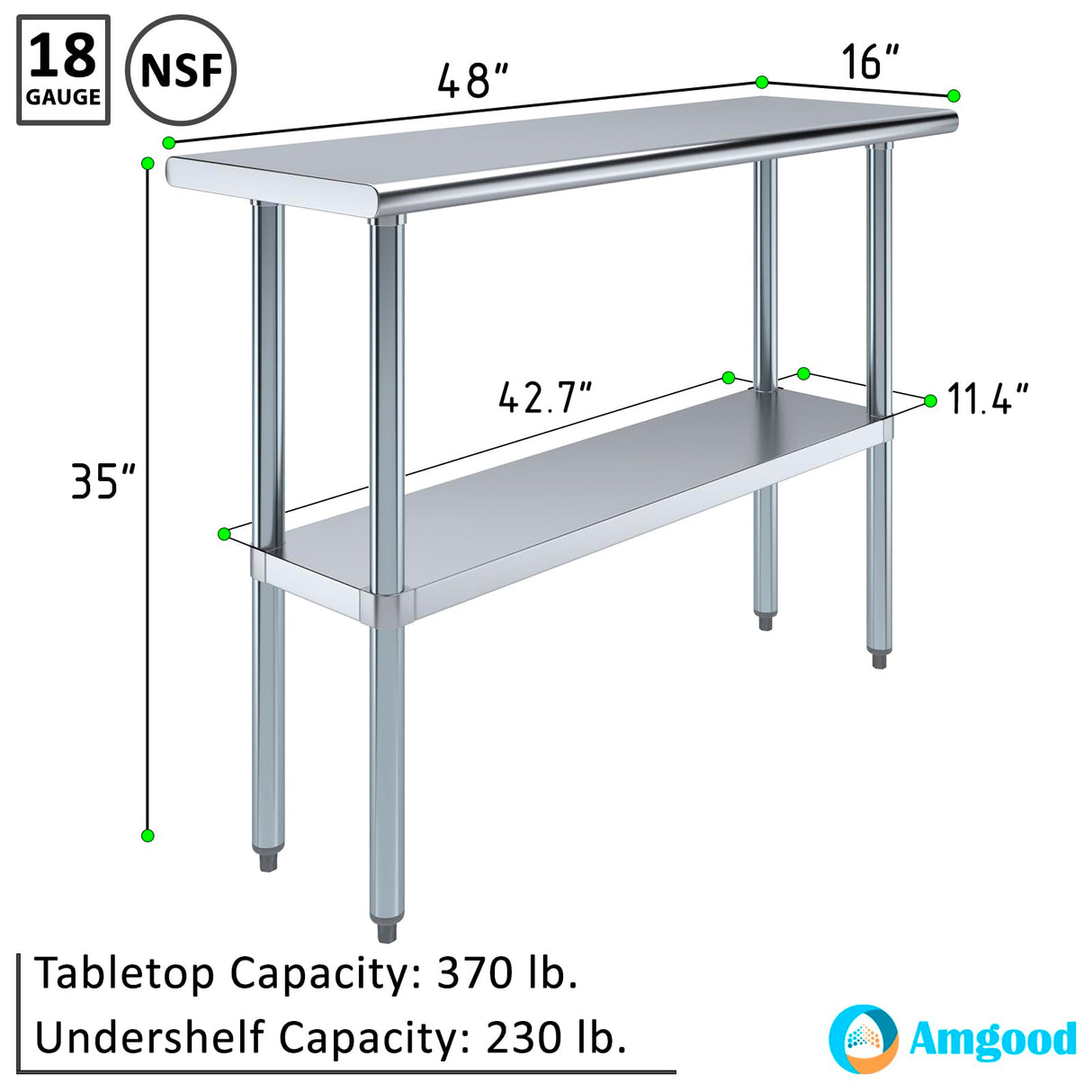 AmGood 16 in. x 48 in. Stainless Steel Work Table | Metal Kitchen Food Prep Table | NSF