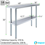 AmGood 16 in. x 48 in. Stainless Steel Work Table | Metal Kitchen Food Prep Table | NSF