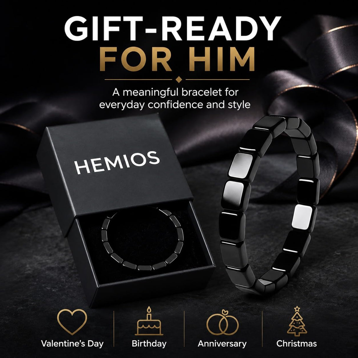 Hemios Hematite Bracelet Men - Reignites Masculine Energy, Natural Hematite Stone Beaded Stretch Healing Bracelets Valentines Birthday Anniversary Christmas Jewelry Gifts for Him