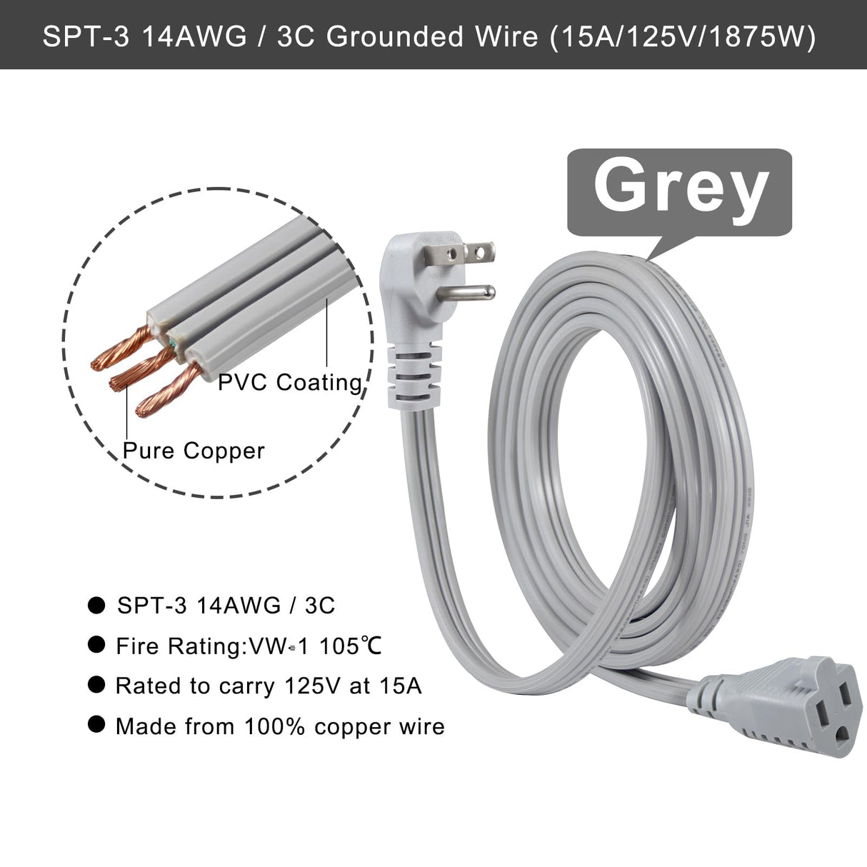 KUNCAN Appliance Power Extension Cord - 3 Prong Flat Wire SPT-3 14 AWG Heavy Duty Male to Female Extender Low Profile Grounded Cable for Major AC Unit, Air Conditioner, Refrigerator (9 Feet)