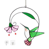 Stained Glass Hummingbird Suncatcher with Flower Branch - Handmade Real Glass Window Hanging, Bird Safe Gift for Women, Mom & Bird Lovers - Vibrant Porch & Kitchen Decor (Green)