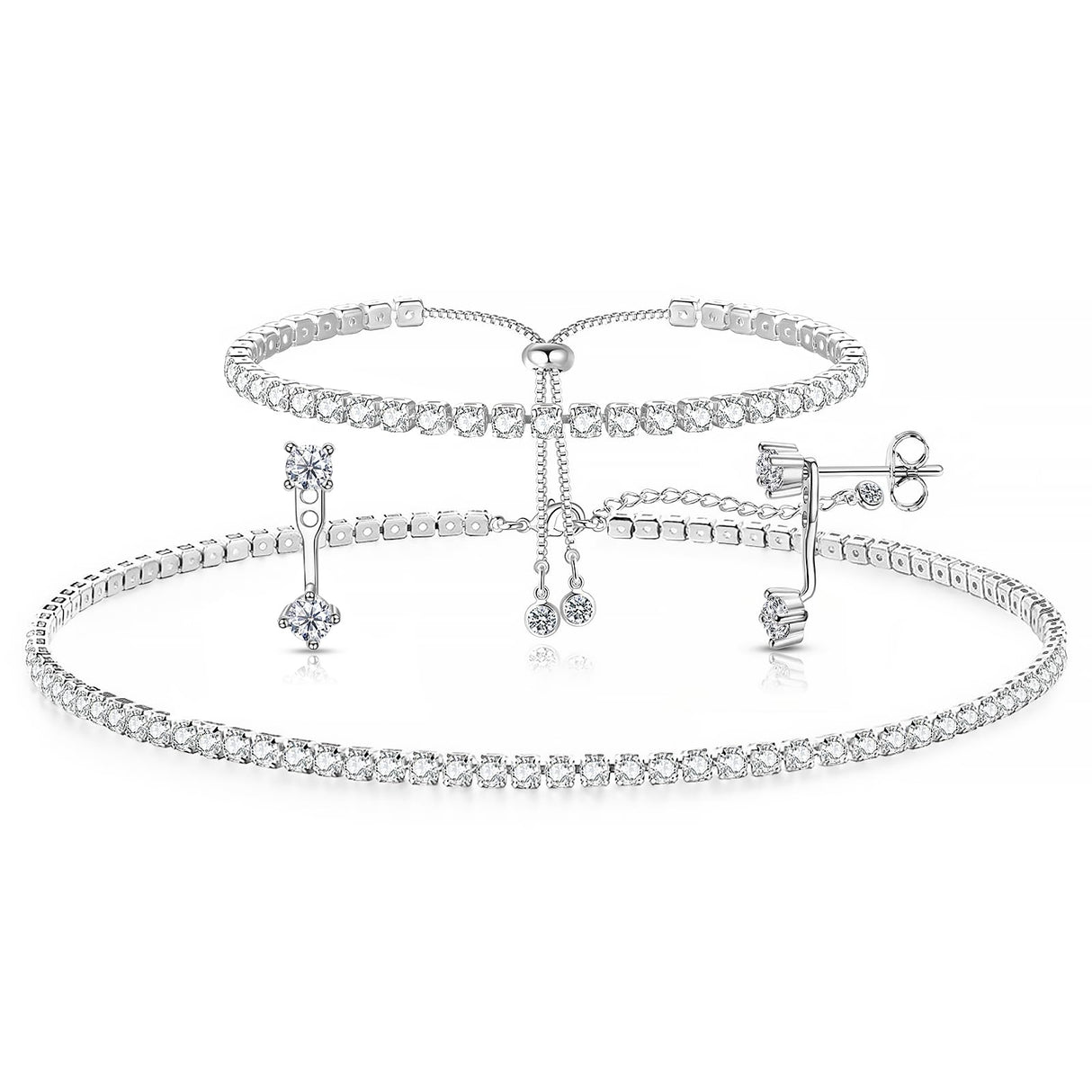 Luxval Tennis Necklace Set for Women Tennis Bracelets Diamond Earrings Sterling Silver Necklace Wedding Jewelry for Bride Silver Jewelry Sets for Women Gift