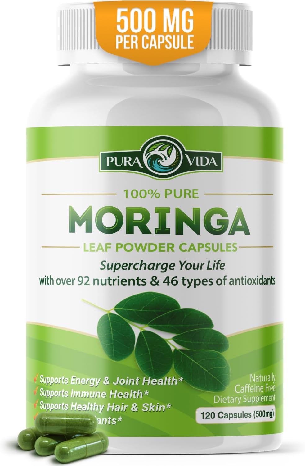 PURA VIDA MORINGA Capsules Single Origin Moringa Powder Organic. Moringa Leaf. Energy, Metabolism, & Immune Support. 120ct. 500mg Caps.