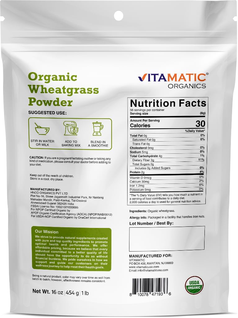 Vitamatic Certified USDA Organic Wheatgrass Powder – 1 Pound (16 Ounces) – Pure, Non-GMO, Gluten-Free Superfood