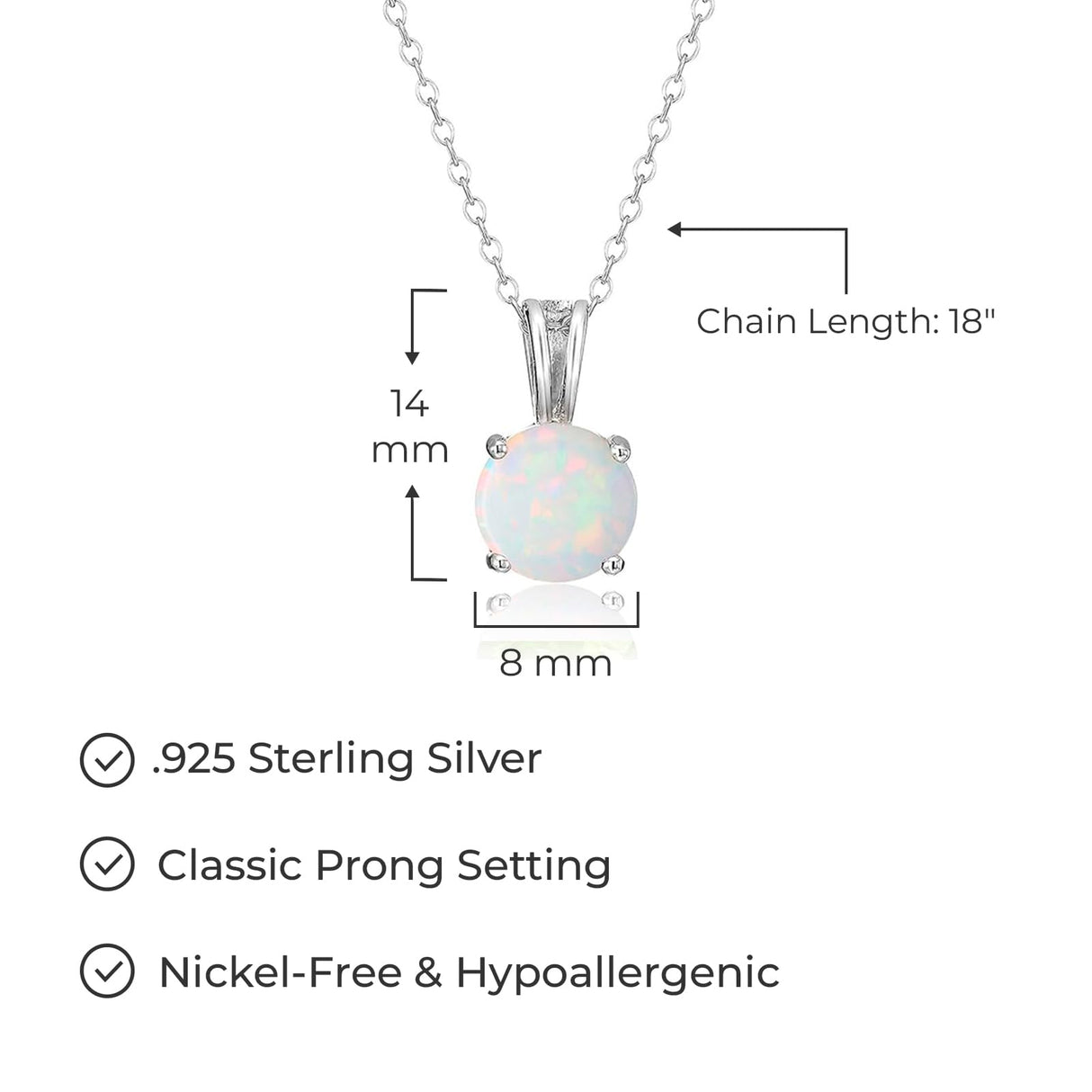 Amazon Essentials womens Sterling Silver Round Cut Created Opal Birthstone Pendant Necklace (October), 18"