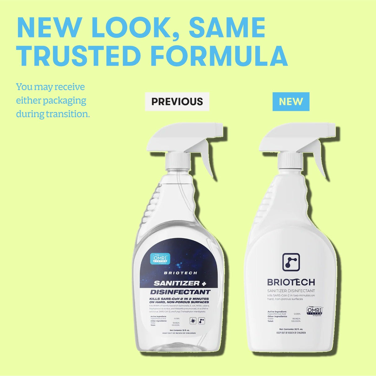 BRIOTECH Sanitizer Disinfectant Hypochlorous, Kill 99.99% of Viruses & Bacteria, Control Mold, Eliminate Odor, Gentle for Nursery & Play Rooms, Food Contact Surface Sanitizer, 1 Gallon Refill