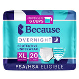 Because Overnight Absorbency Pull Ups - Adult Disposable Incontinence Underwear, Extra Absorbent Nighttime Briefs for Men and Women, White, XLarge, 20 Count