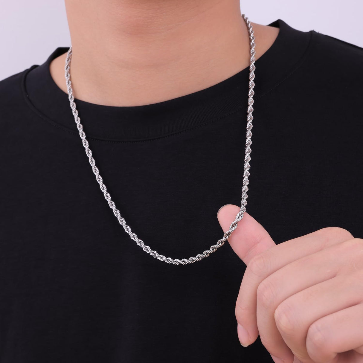 Fiusem Silver Chain Necklace for Men 3mm Stainless Steel Rope Chain 24 Inch