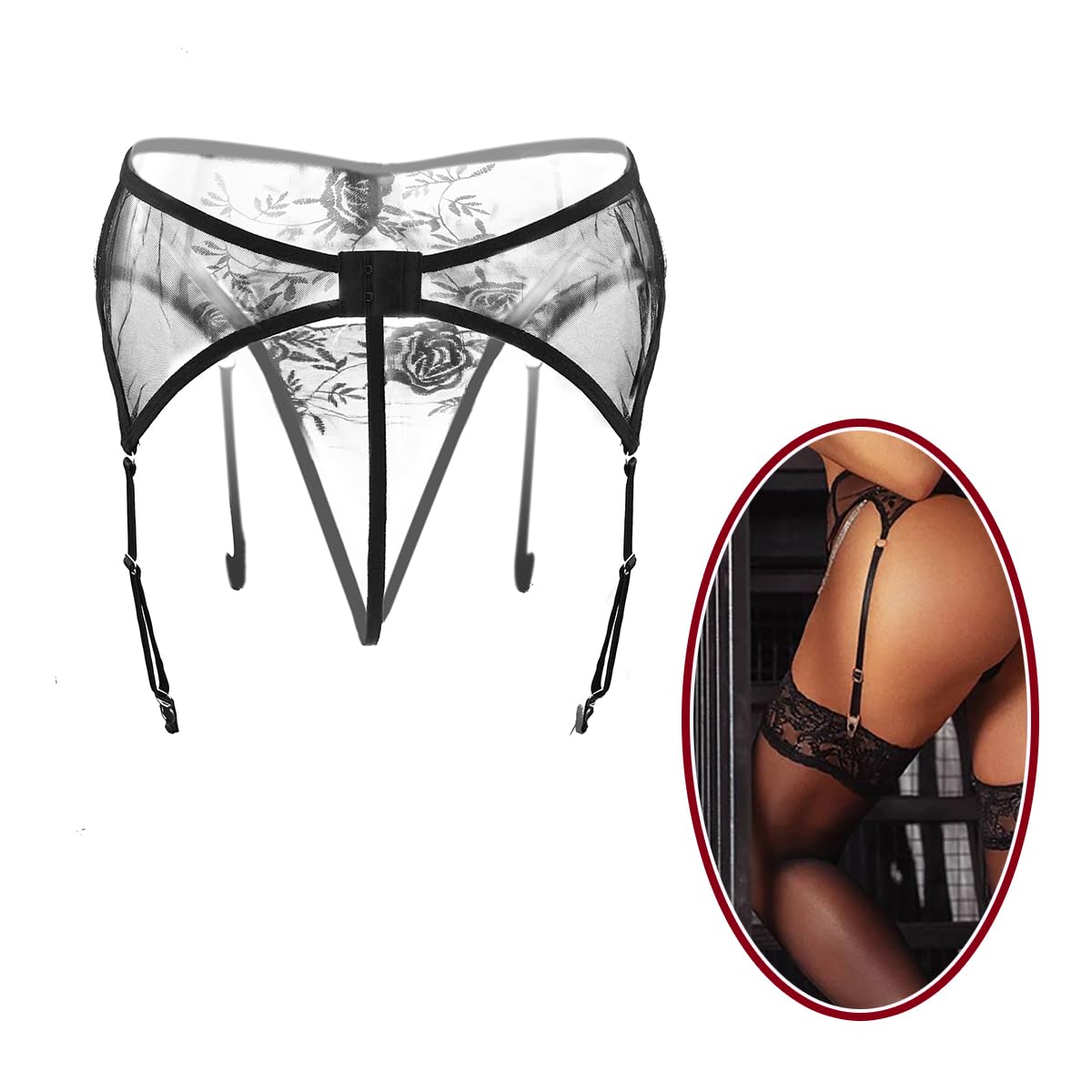 UnderYours Lace Garter Belt Thong Set for Women Suspender Lingerie with 4 Metal Clips Holder Belts for Stockings+G-string