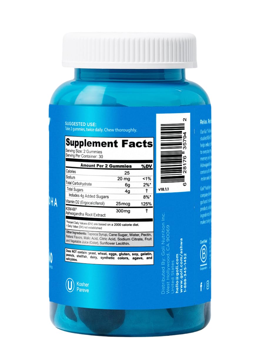 Goli Ashwagandha & Vitamin D Gummy - 300 Count - Mixed Berry, KSM-66, Vegan, Plant Based, Non-GMO, Gluten-Free & Gelatin Free Relax. Restore. Unwind, Pack of 5