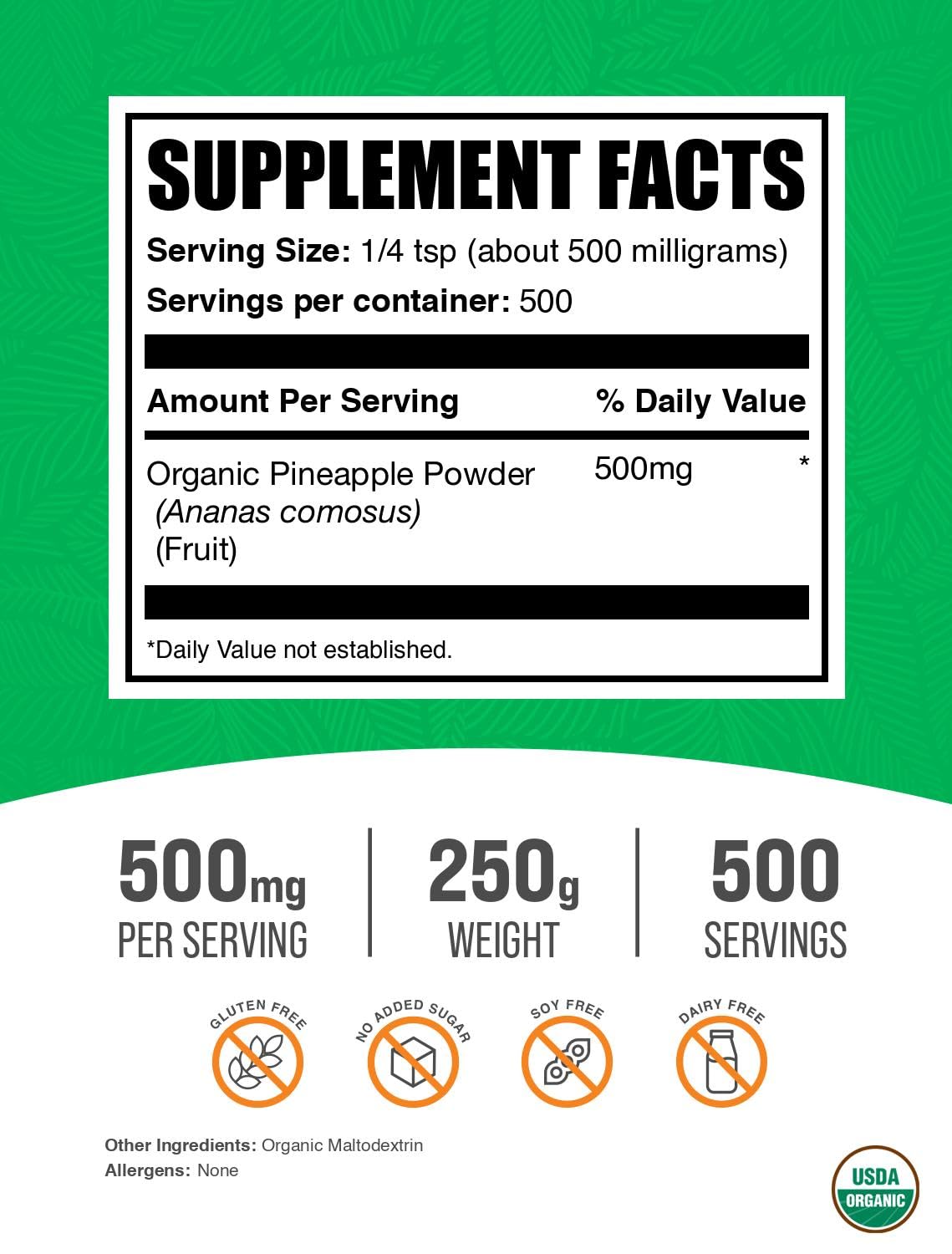 BulkSupplements.com Organic Pineapple Powder - Pineapple Fruit Powder, for Flavoring & Smoothies - Unsweetened & Gluten Free, 500mg per Serving, 250g (8.8 oz) (Pack of 1)