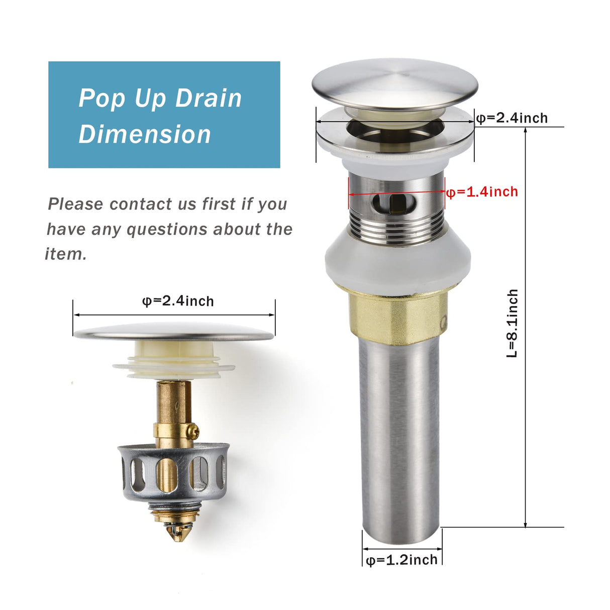 Rockgoya Bathroom Sink Drain,2 Pack Drain Stopper Bathroom Sink with Overflow,Pop Up Drain Assembly with Detachable Strainer Basket,Built-in Anti-Clogging Strainer,Stainless Steel Brushed Nickel