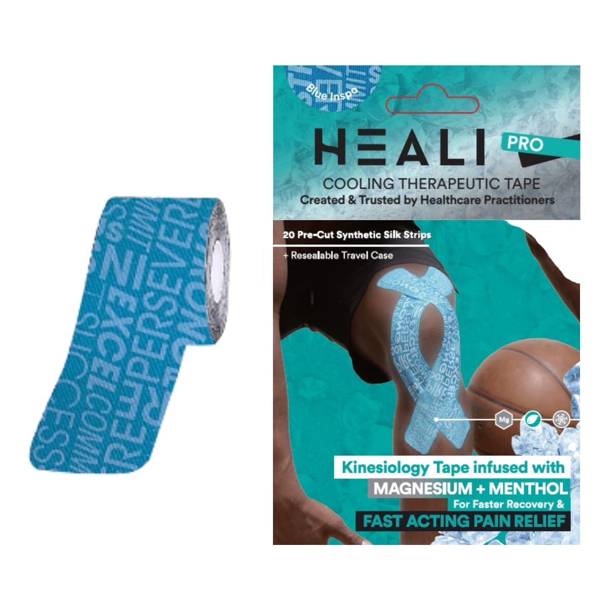Heali Kinesiology Tape with Magnesium and Menthol, 20 Pcs Precut Strips, K Tape Roll, Knees, Physical Therapy Sports Tape for Muscle and Joint Pain Relief, Water Resistant, Blue Inspo