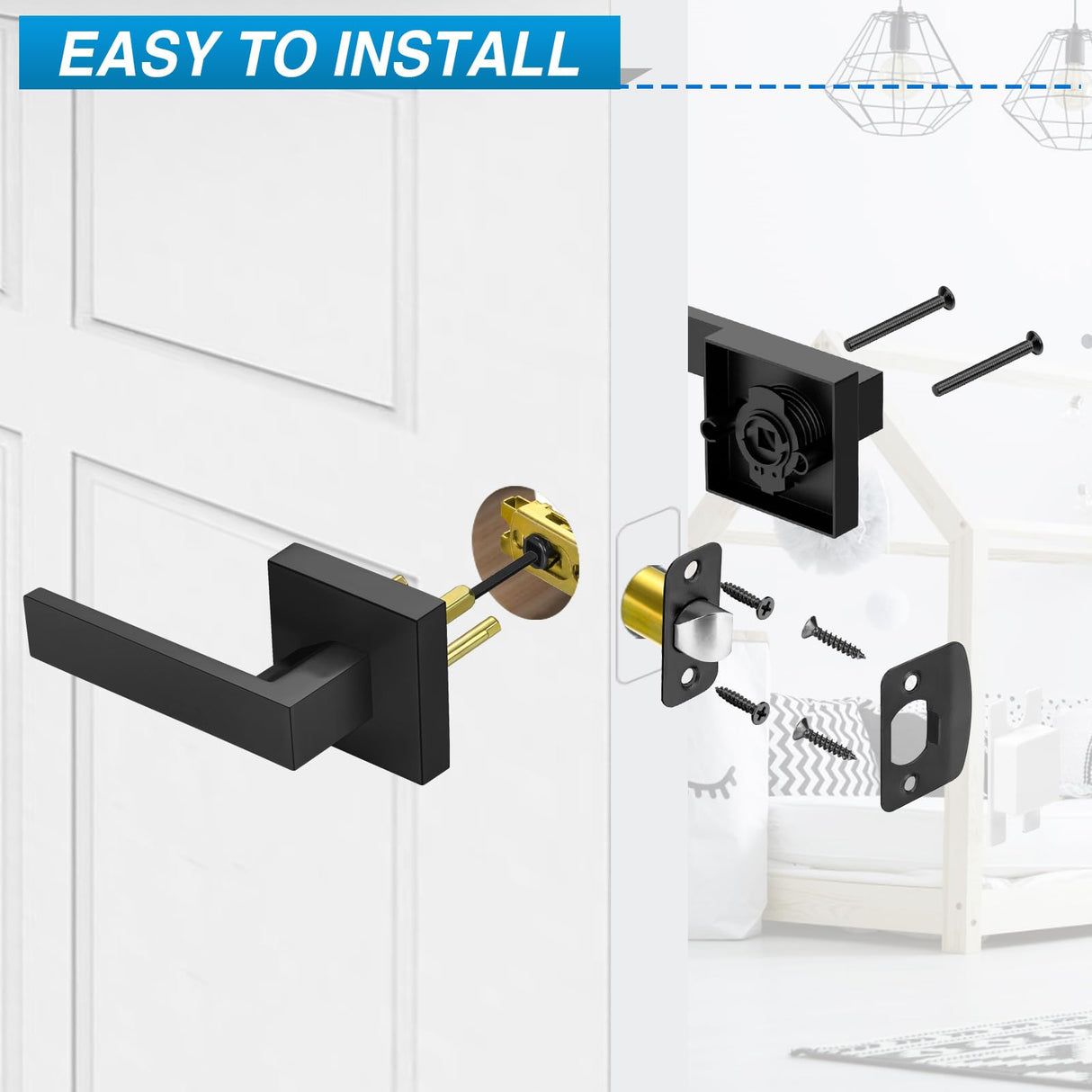 Plustool 4 Pack Black Door Handles Interior, Passage Door Levers for Hallway&Closet, Interior Closet Door Knobs Heavy Duty Square Non-Locking Handlesets(2.0lb), Reversible for Left&Right Sided Doors