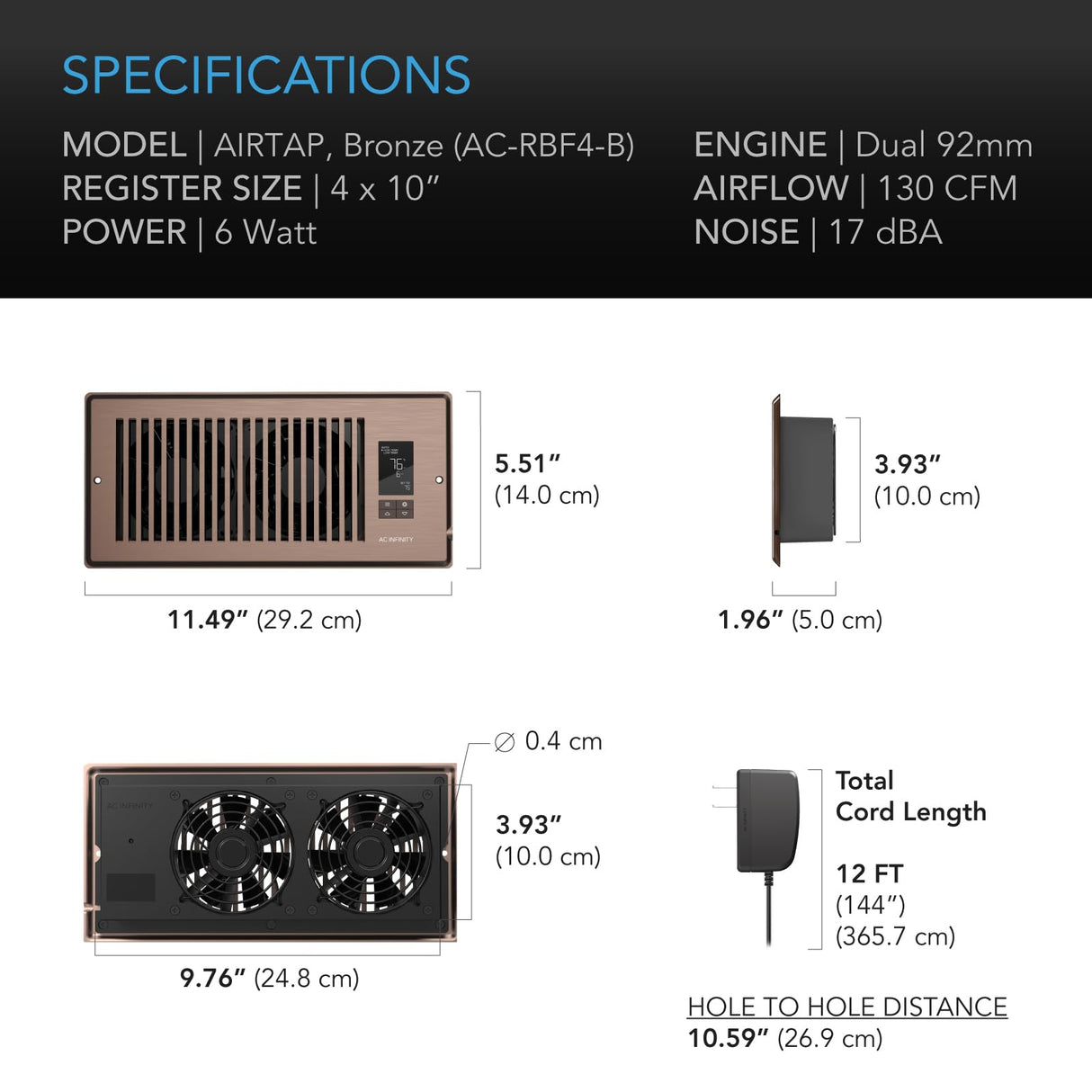 AC Infinity AIRTAP T4 Bronze, Register Booster Fan for 4” x 10” Vents, Thermostat Control Improves Heating & Cooling, Quiet 10-Speed Remote Control & Bluetooth App. ONLY FITS 4” x 10” Duct Openings