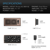AC Infinity AIRTAP T4 Bronze, Register Booster Fan for 4” x 10” Vents, Thermostat Control Improves Heating & Cooling, Quiet 10-Speed Remote Control & Bluetooth App. ONLY FITS 4” x 10” Duct Openings