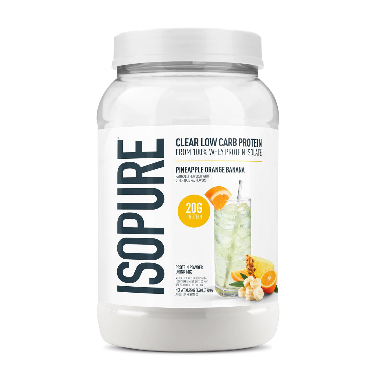 Isopure 100% Pure Whey Isolate Protein Powder Infusions, Lactose Free, Gluten Free, Naturally Flavored, Pineapple Orange Banana, 20g Protein Per Serving, 1.9 Lb, 36 Servings