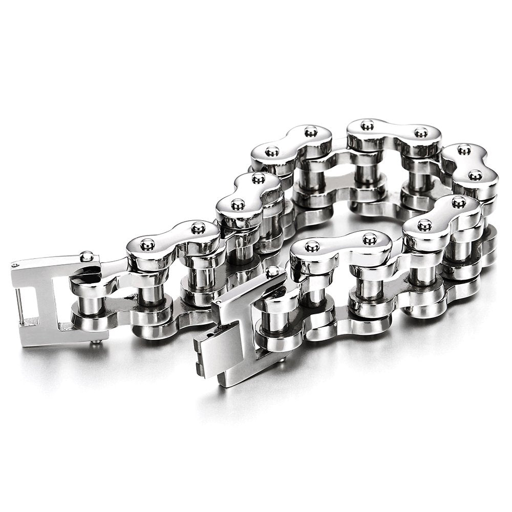 COOLSTEELANDBEYOND Men's Stainless Steel Bike Chain Link Bracelet with Fold Over Clasp, Chunky Motorcycle Chain, Biker Punk Jewelry Gift
