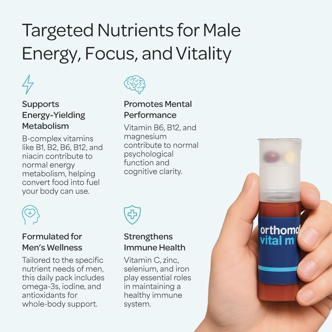 Orthomol Vital M Vial – 30-Day Men's Vitamin Supplement with A, B, C, D, E, K, Iodine & Omega-3 – Supports Male Energy & Vitality