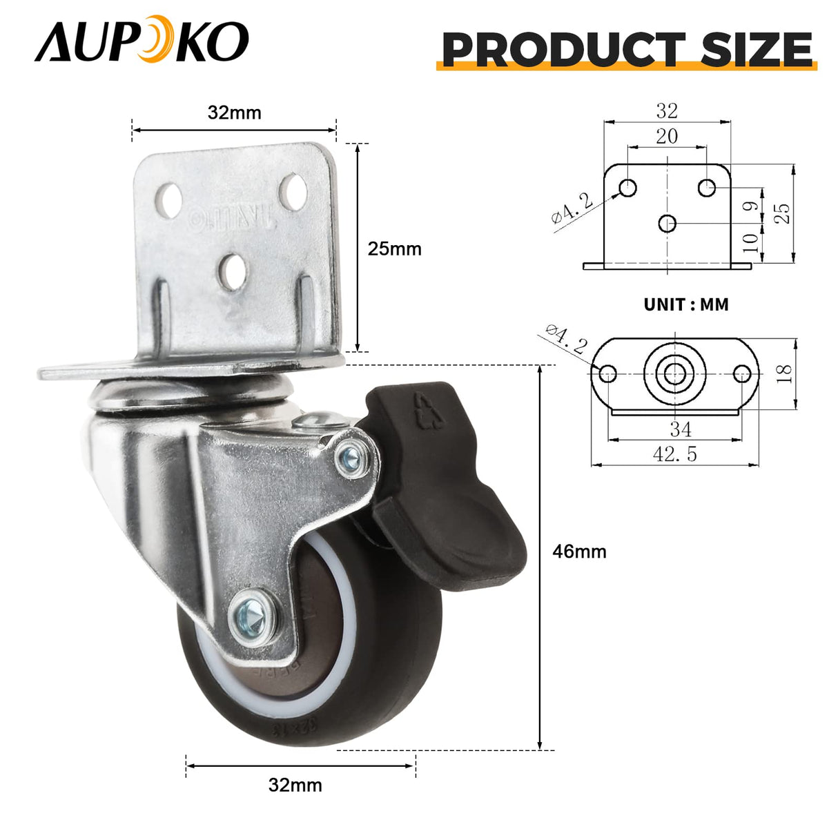 4Pcs Castors for Furniture, 32mm Swivel Castor 2 with Brakes + 2 without Brakes, L-Shaped Heavy Duty Castors Transport Castors with Screws and Screwdrivers for Furniture Cupboard Table Beach Chair