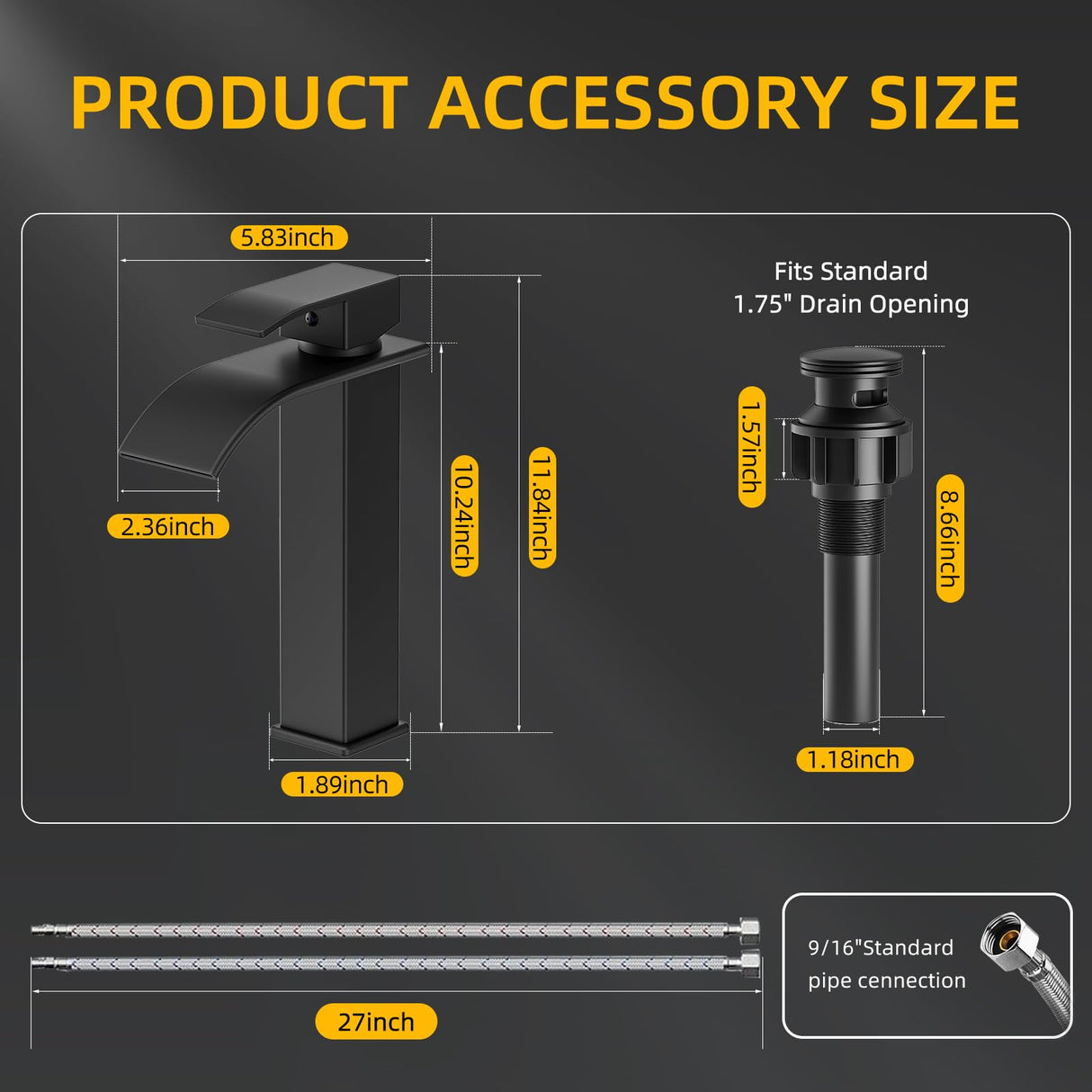 Rywuanku Matte Black Bathroom Faucet Waterfall Spout, Single Handle Sink Faucet with Pop-up Drain & Deck Plate, Modern 1 Hole Vanity Faucet for Vessel Sink