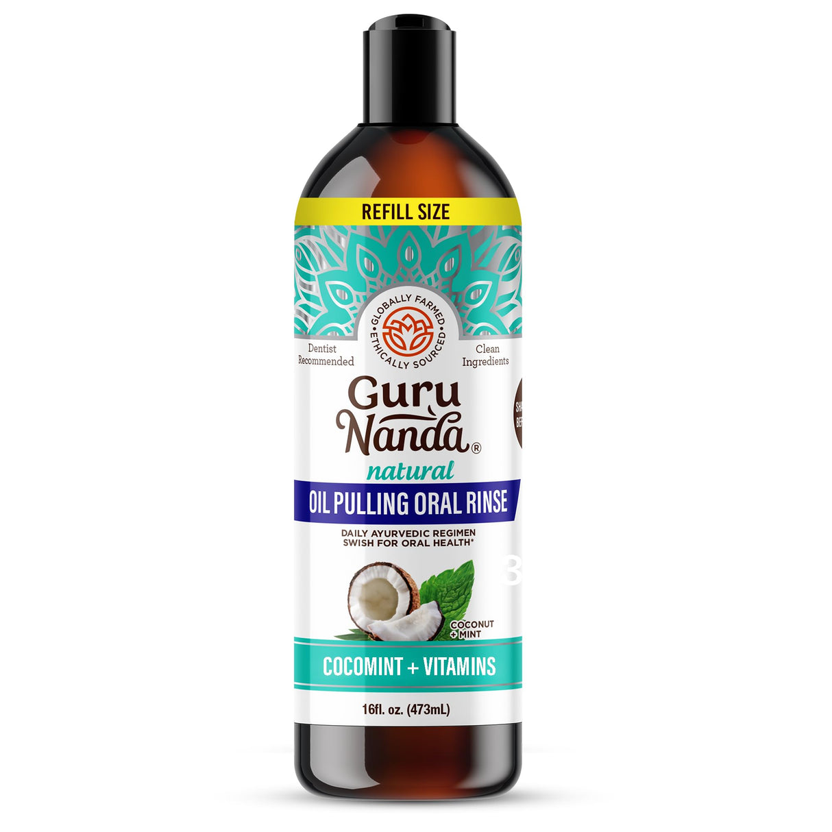 GuruNanda CocoMint Oil Pulling Mouthwash for Complete Oral Hygiene, 7 Essential Oils & Vitamins for Happy Teeth & Gums & Fresh Breath, Alcohol-Free, 16 oz