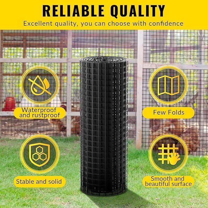 Hardware Cloth PVC Coated Wire Mesh 48'' x 50' 1/2inch Mesh Black Vinyl Coated Fence Chicken Wire Fencing 19 Gauge Chain Link Fence for Chicken Coop, Animal Control,Gutter Guard, and Home Improvement