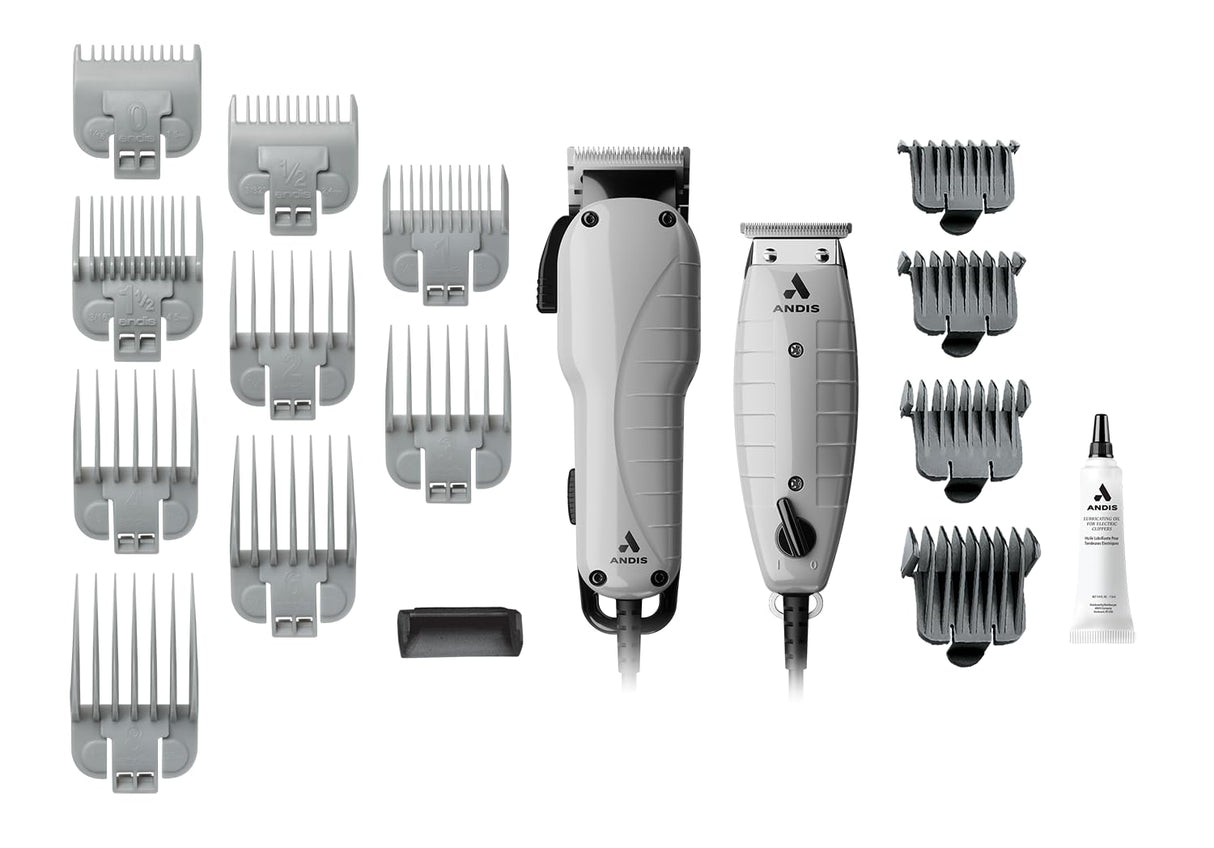 Andis Professional Barber Combo Hair Clipper and Trimmer 17 Piece Set, 66615, Grey