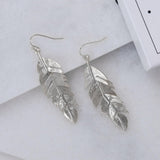 Floating Feathers Dangle Earrings - Silver Tone Long Hanging Leaf Drops