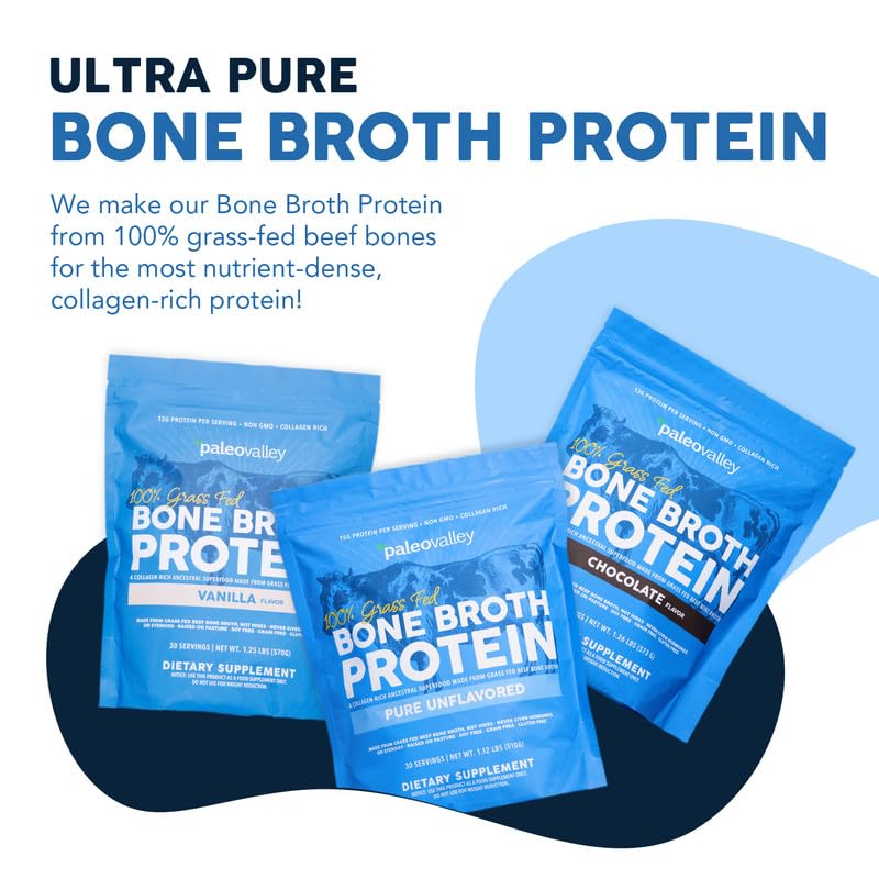 Paleovalley 100% Grass Fed Beef Bone Broth Protein Powder - Rich in Collagen Peptides for Hair, Skin, Gut Health, Bone and Joint Support - 13g Protein Per Serving - No Gluten or GMOs - Vanilla