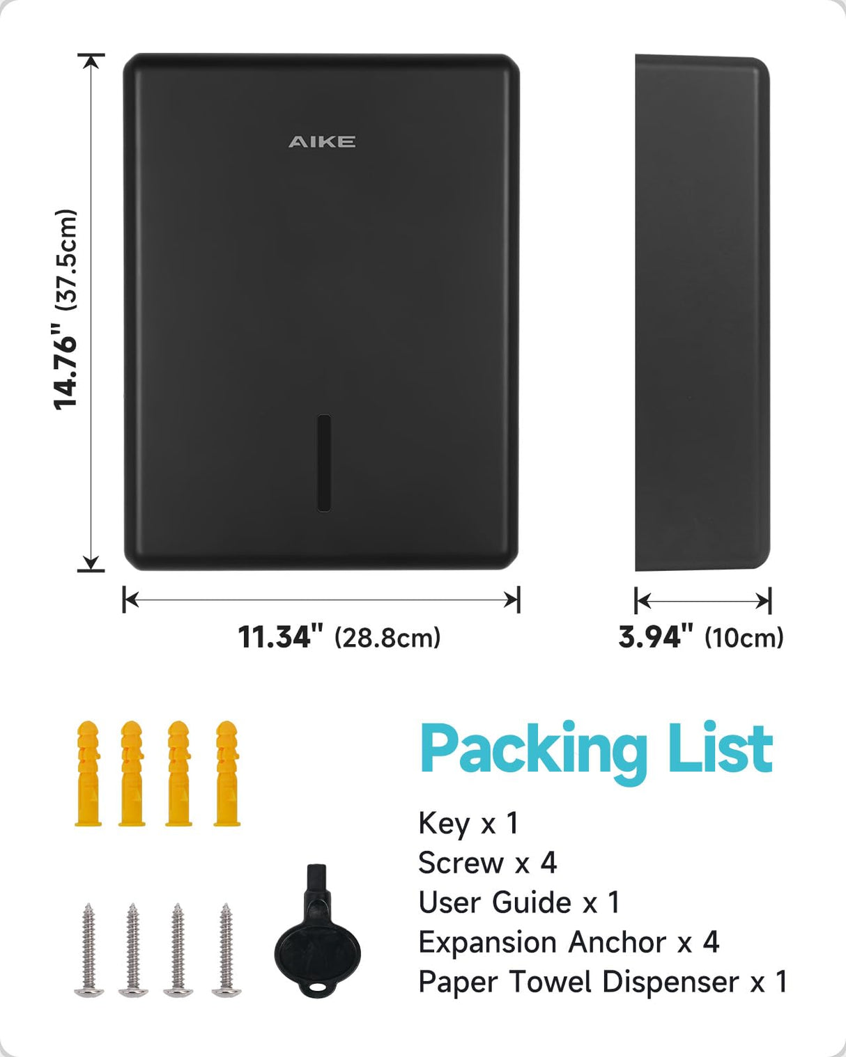 AIKE 400 Sheets Wall Mount Paper Towel Dispenser,Fit Multifold Paper,Large Capacity with Lock for Commercial, Black(Folded Size 10" x 3.5" Or Smaller)