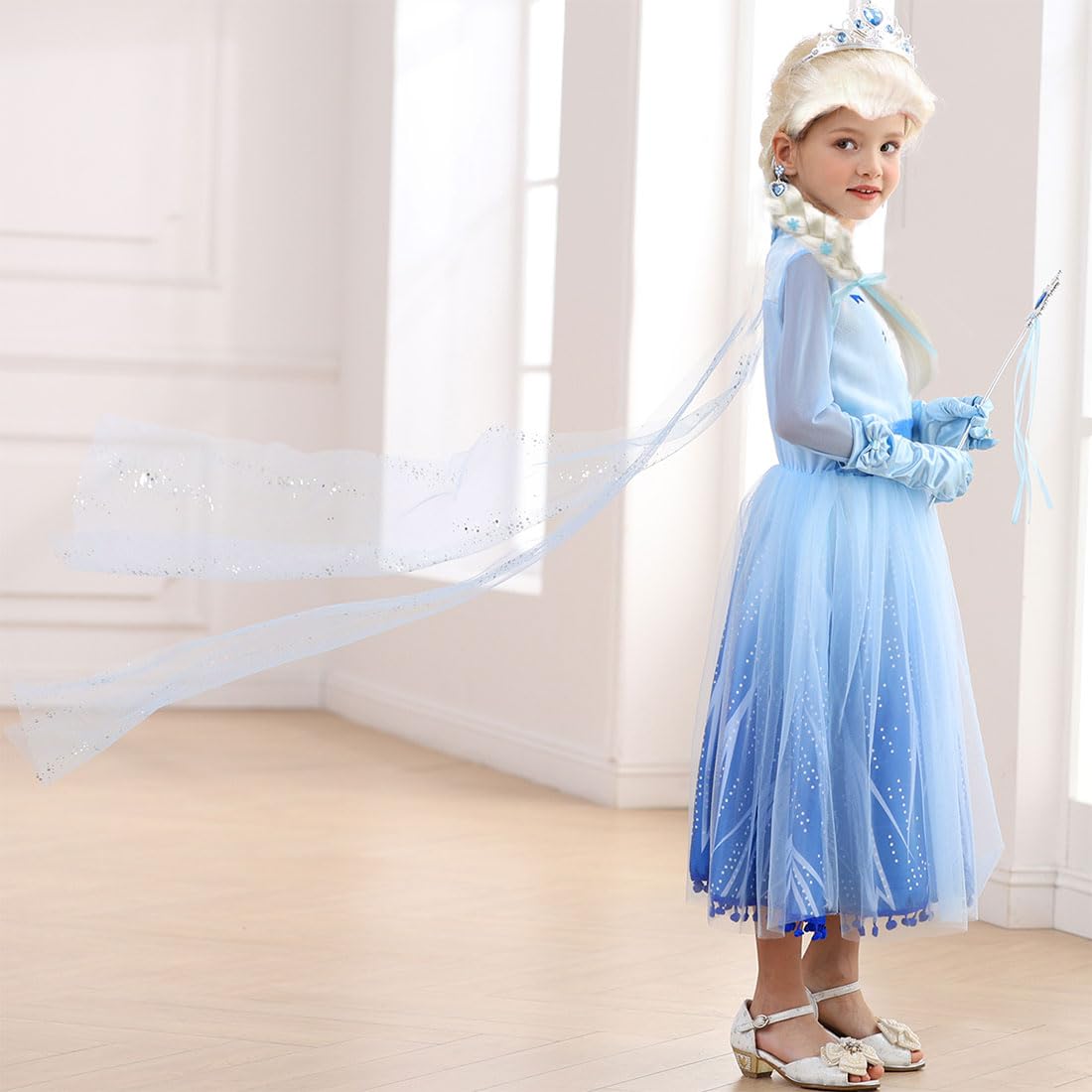 iTVTi Princess Costume for Little Girls Snow Princess Dress Blue Cosplay Outfit Halloween Carnival Party Christmas, 4-5T (Tag 120)