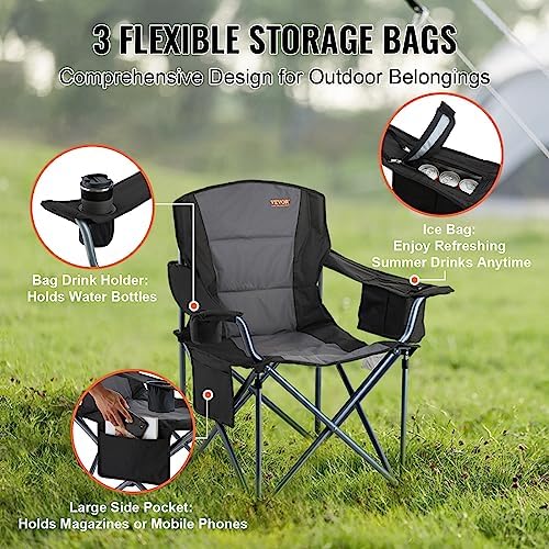 VEVOR Camping Folding Chair, Portable Heavy Duty Outdoor Quad Lumbar Back Padded with Side Pockets, Cup Holder and Cooler Bag for Beach, Lawn, Picnic, Fishing, Backpacking, Black
