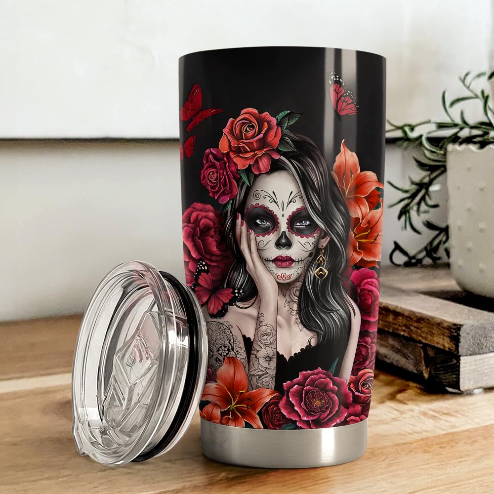 Sugar Skull Tumbler 20oz Stainless Steel Insulated Coffee Travel Mug Cup for Women Girls Gifts for Birthday Christmas Halloween