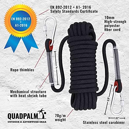 Grappling Hook with 10m Rope – Multifunctional QUADPALM Grapple Hook - 4 Stainless Steel Folding Claws - Heavy Duty - Outdoor Camping Hiking Tree Rock Mountain Climbing Equipment